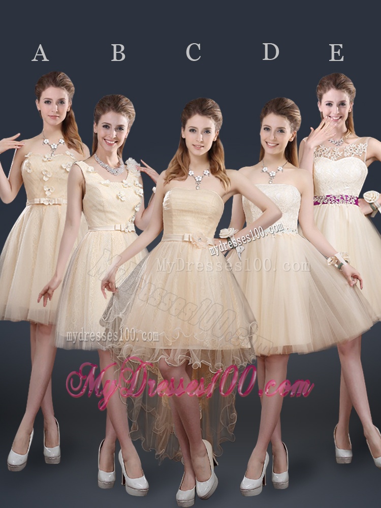 Fashionable Strapless Lace Champagne Bridesmaid Dresses