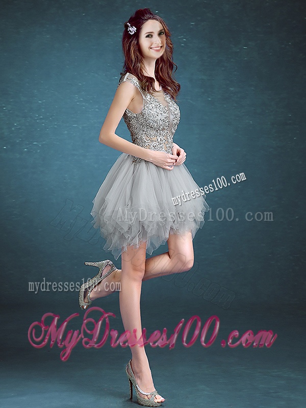 Gorgeous Scoop Appliques and Ruffles Bridesmaid Dress in Grey