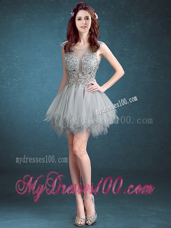 Gorgeous Scoop Appliques and Ruffles Bridesmaid Dress in Grey