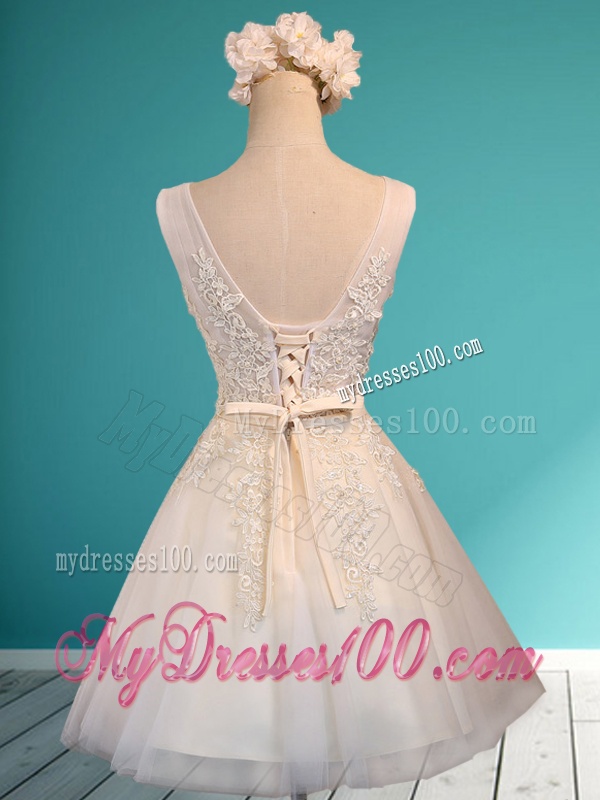 Gorgeous White Deep V Neckline Bridesmaid Dress with Appliques and Belt