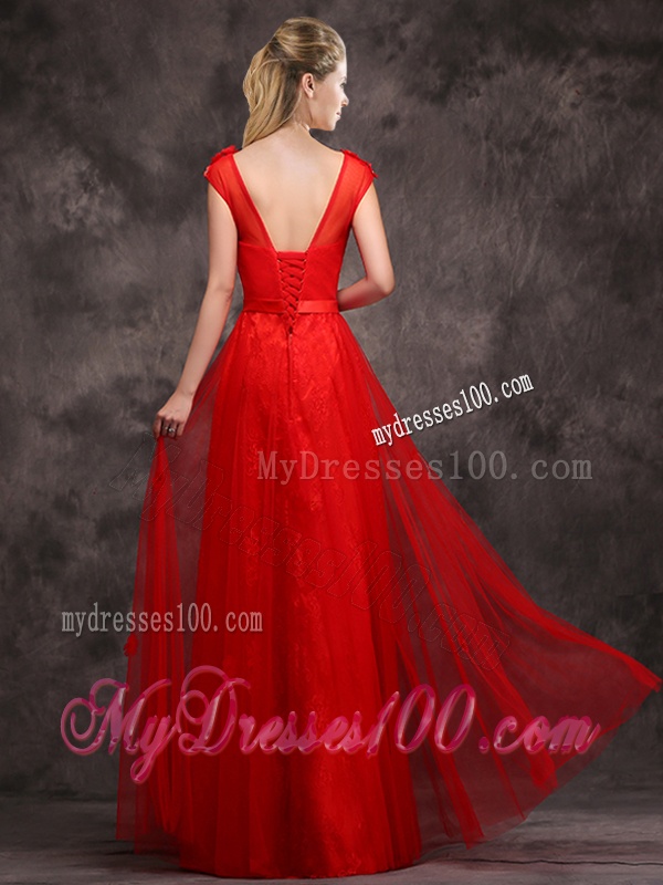 Hot Sale Scoop Red Bridesmaid Dress with Beading and Appliques