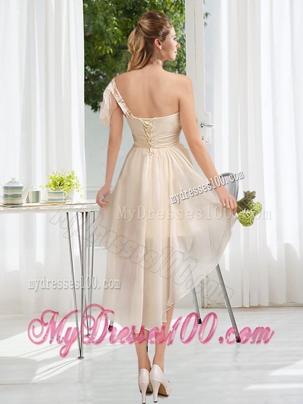 Lace High Low Short Sleeves Bridesmaid Dress with One Shoulder
