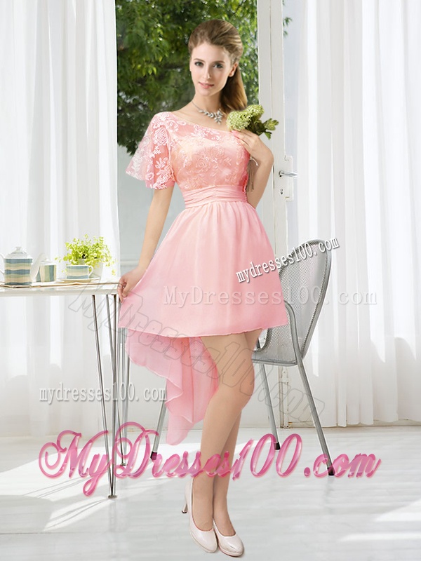 Lace High Low Short Sleeves Bridesmaid Dress with One Shoulder