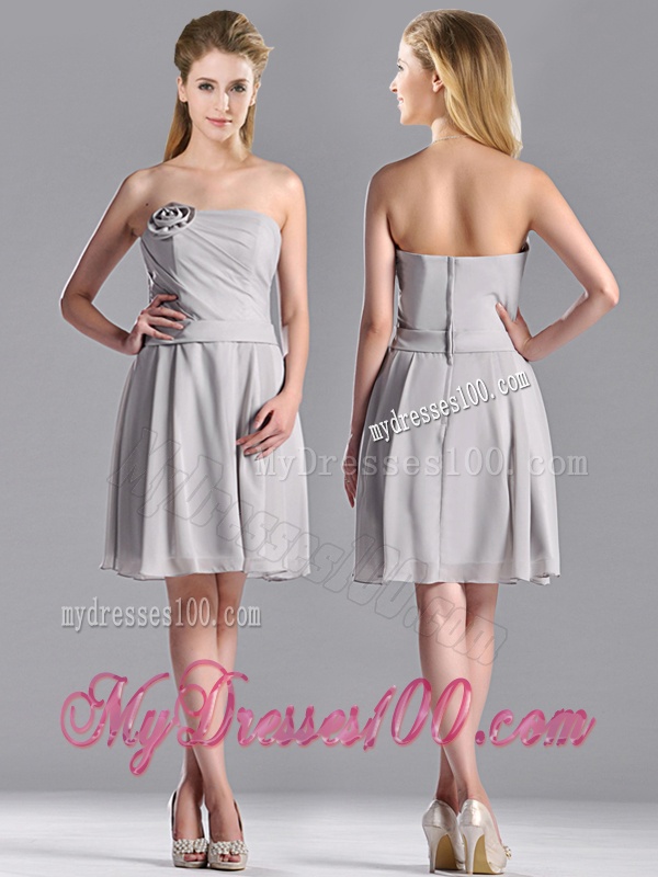Lovely Empire Strapless Chiffon Grey Bridesmaid Dress with Hand Made Flower