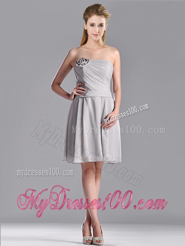 Lovely Empire Strapless Chiffon Grey Bridesmaid Dress with Hand Made Flower