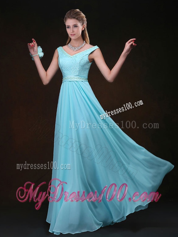 Low Price Empire V Neck Bridesmaid Dresses with Belt and Lace