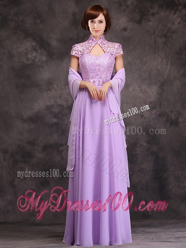 Low Price High Neck Cap Sleeves Lavender Long Bridesmaid Dress