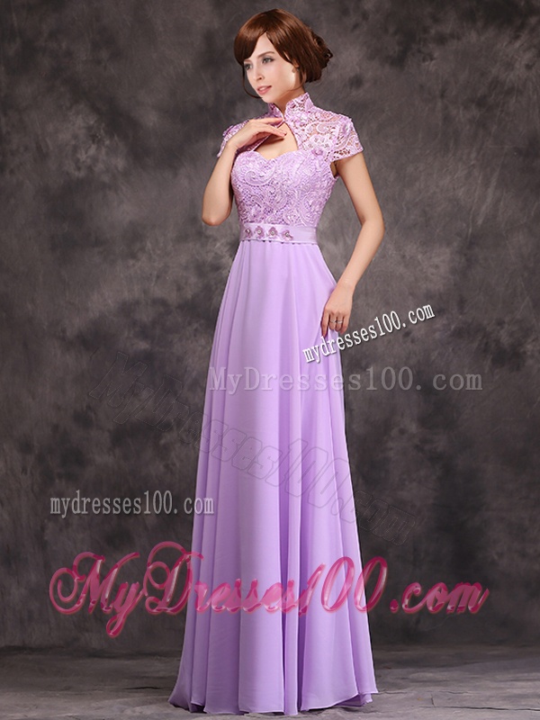 Low Price High Neck Cap Sleeves Lavender Long Bridesmaid Dress