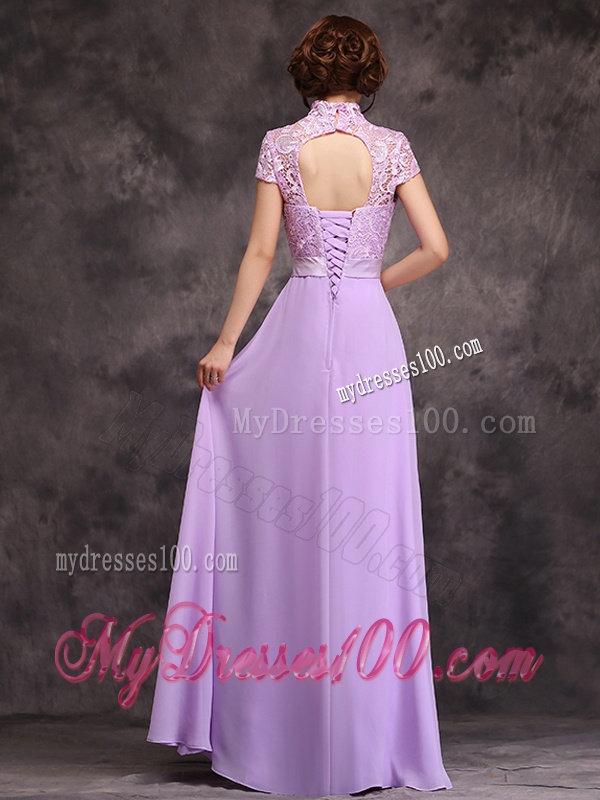 Low Price High Neck Cap Sleeves Lavender Long Bridesmaid Dress