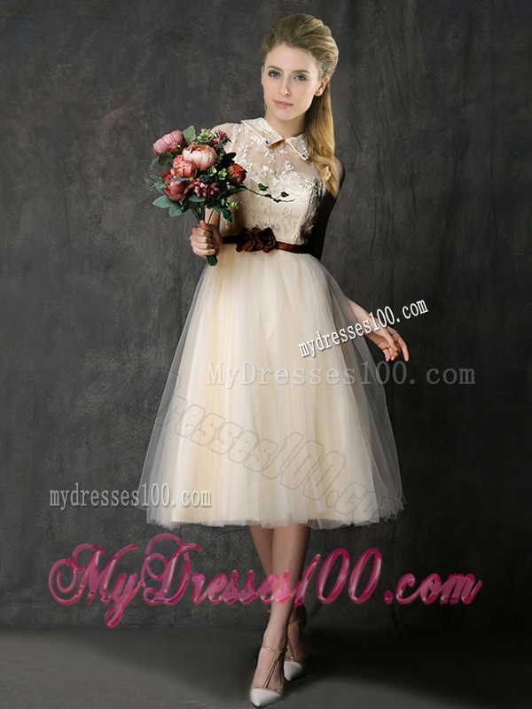Luxurious High Neck Champagne Bridesmaid Dress with Hand Made Flowers and Lace