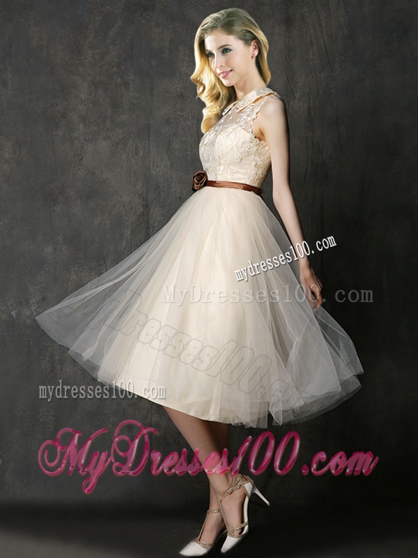 Luxurious High Neck Champagne Bridesmaid Dress with Hand Made Flowers and Lace