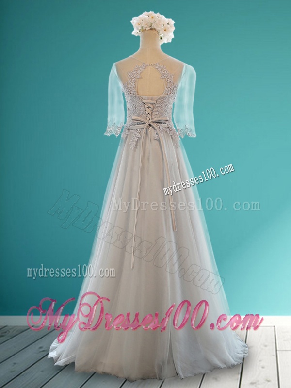Luxurious Scoop Half Sleeves Grey Bridesmaid Dress with Appliques and Belt