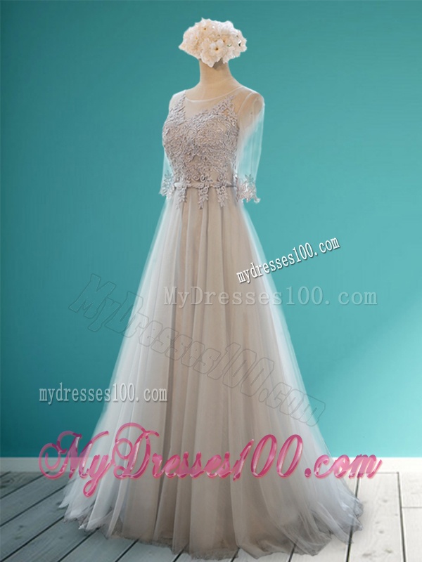 Luxurious Scoop Half Sleeves Grey Bridesmaid Dress with Appliques and Belt