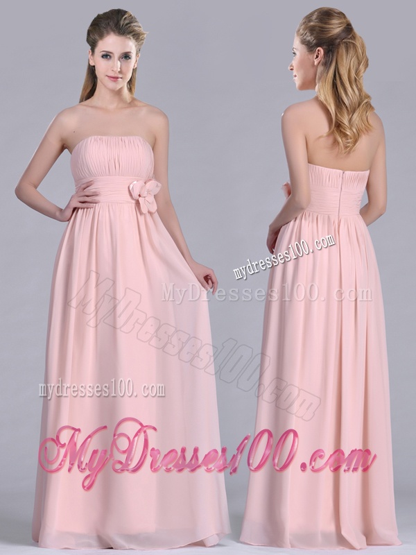 Modern Chiffon Handcrafted Flowers Long Bridesmaid Dress in Baby Pink