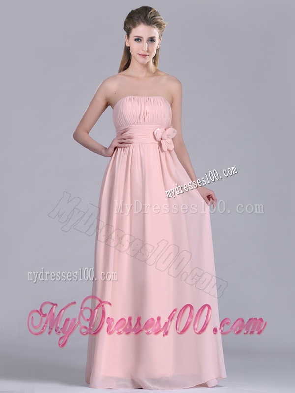 Modern Chiffon Handcrafted Flowers Long Bridesmaid Dress in Baby Pink