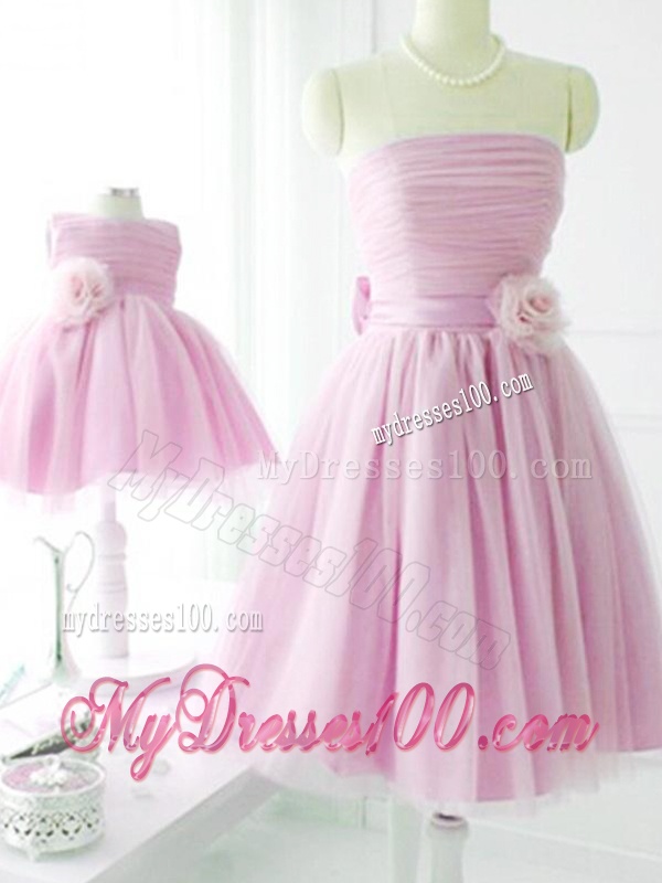 New Arrivals Strapless Baby Pink Bridesmaid Dress with Handcrafted Flower