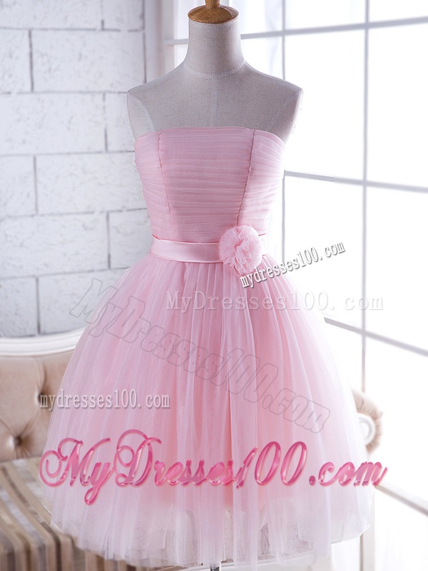 New Arrivals Strapless Baby Pink Bridesmaid Dress with Handcrafted Flower