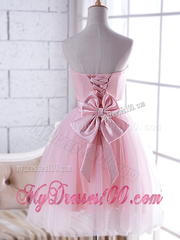 New Arrivals Strapless Baby Pink Bridesmaid Dress with Handcrafted Flower