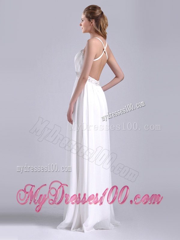 New Style Beaded Top and Waist White Bridesmaid Dress with Criss Cross