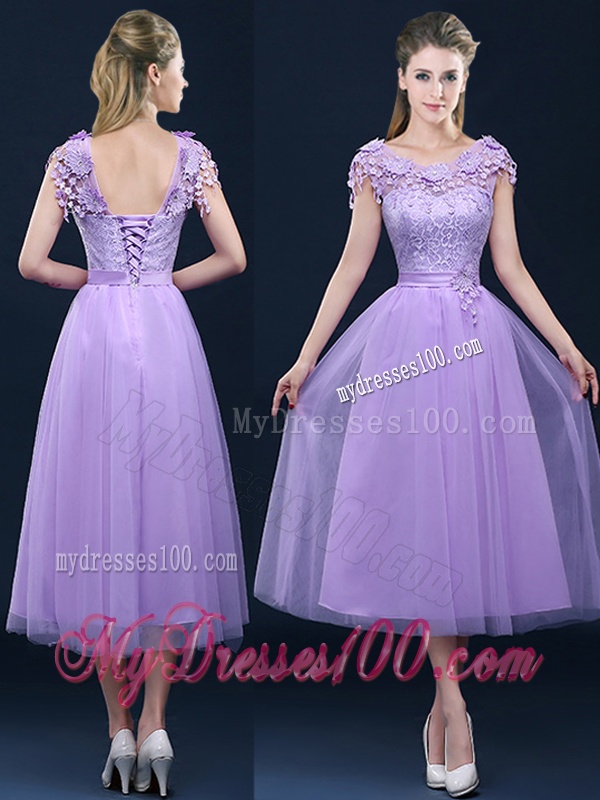 New Style Cap Sleeves Lavender Bridesmaid Dress with Lace and Appliques