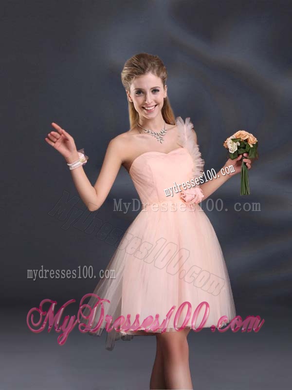 One Shoulder A Line Tulle Bridesmaid Dresses with Hand Made Flowers