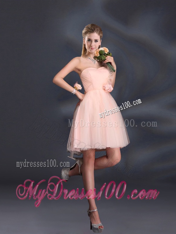 One Shoulder A Line Tulle Bridesmaid Dresses with Hand Made Flowers