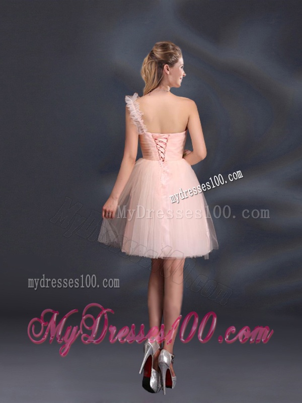 One Shoulder A Line Tulle Bridesmaid Dresses with Hand Made Flowers