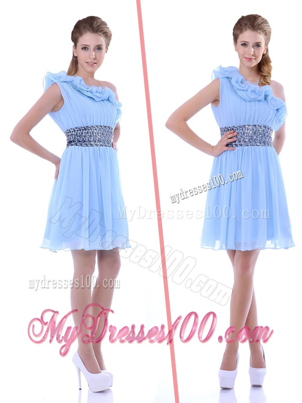 One Shoulder Light Blue Bridesmaid Dress with Beaded Decorated Waist and Ruffles