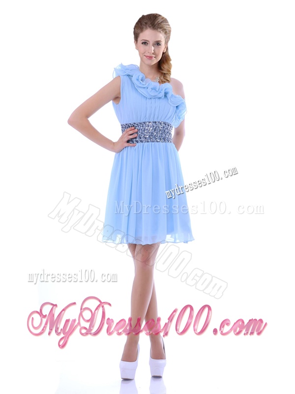 One Shoulder Light Blue Bridesmaid Dress with Beaded Decorated Waist and Ruffles