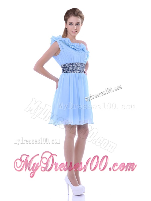 One Shoulder Light Blue Bridesmaid Dress with Beaded Decorated Waist and Ruffles
