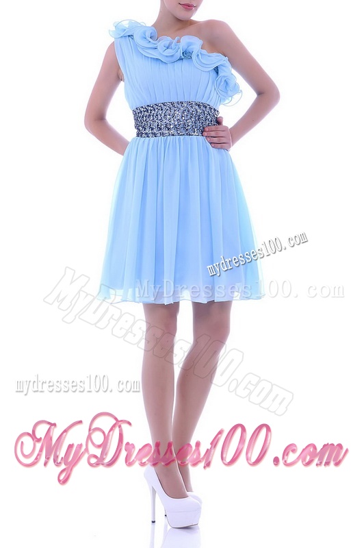 One Shoulder Light Blue Bridesmaid Dress with Beaded Decorated Waist and Ruffles