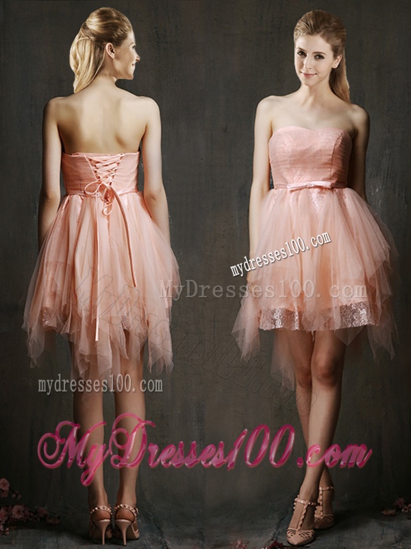 Popular Belted and Ruffled Short Bridesmaid Dress in Watermelon Red