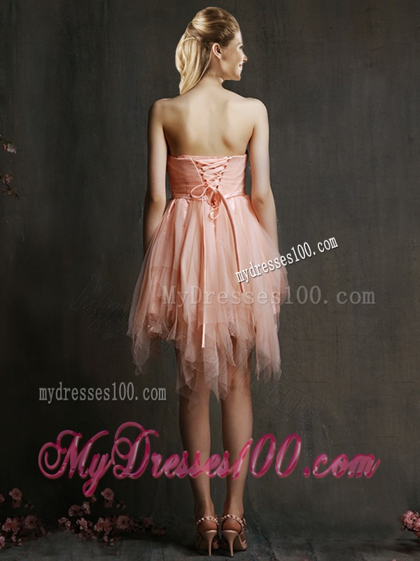Popular Belted and Ruffled Short Bridesmaid Dress in Watermelon Red
