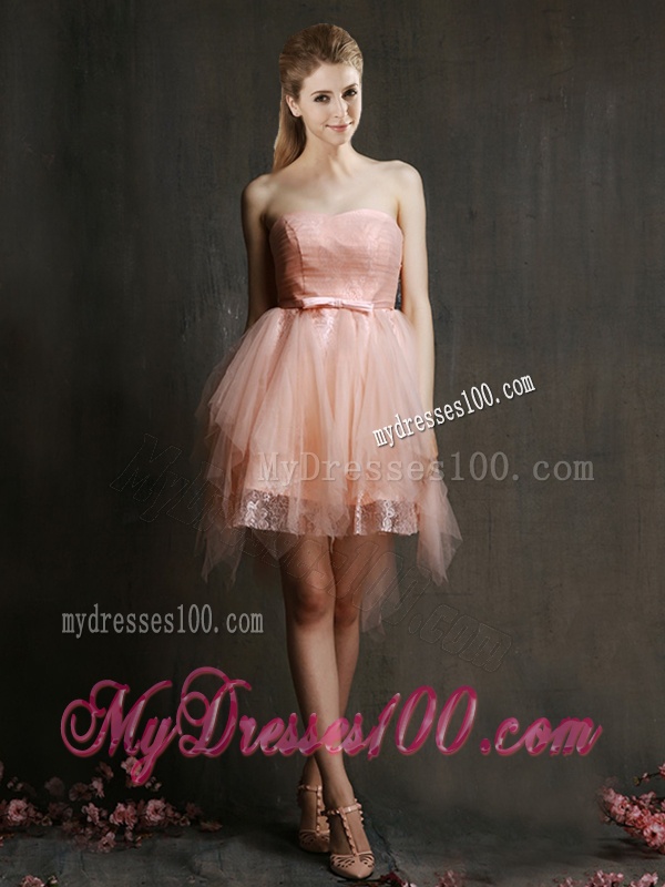 Popular Belted and Ruffled Short Bridesmaid Dress in Watermelon Red