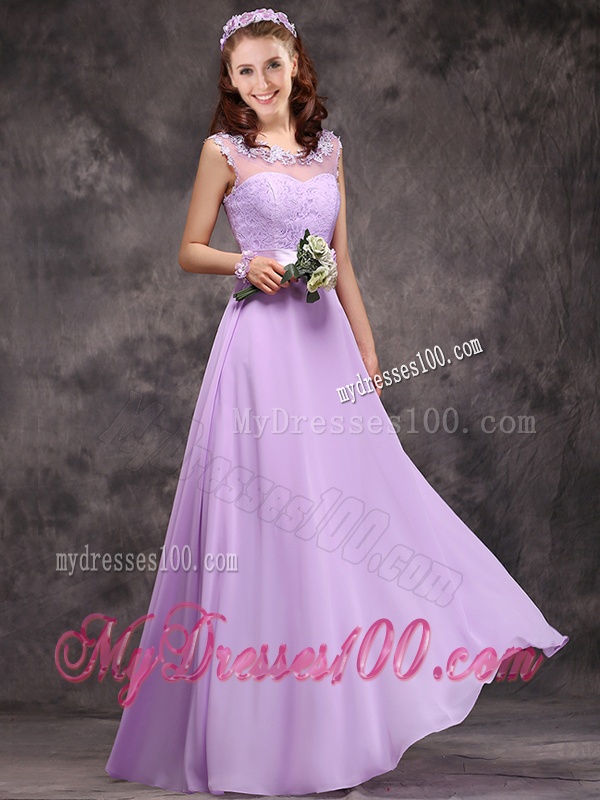 Popular See Through Applique and Laced Bridesmaid Dress in Lavender