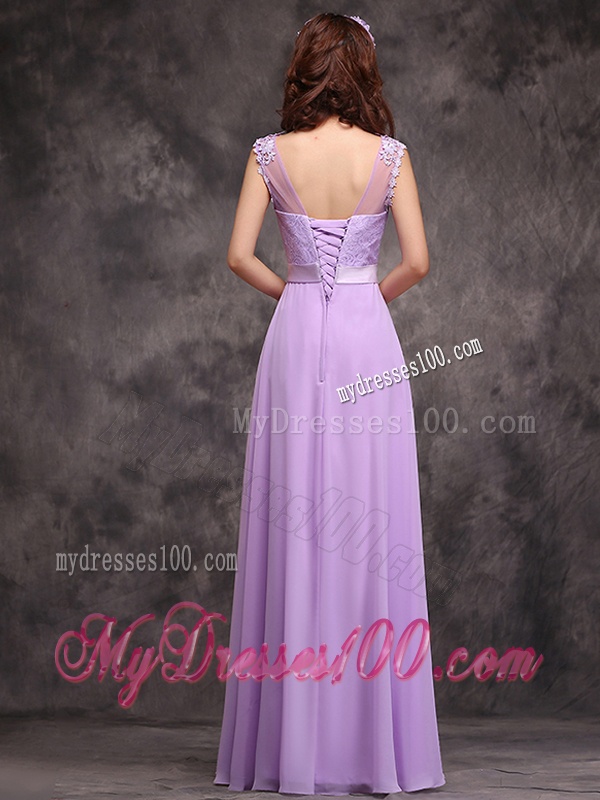 Popular See Through Applique and Laced Bridesmaid Dress in Lavender