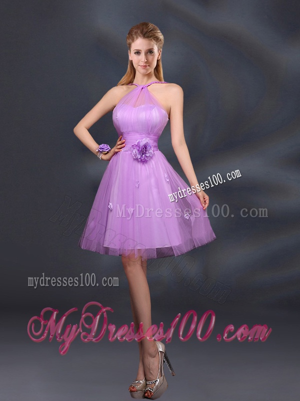 Pretty Halter A Line Bridesmaid Dresses with Hand Made Flowers