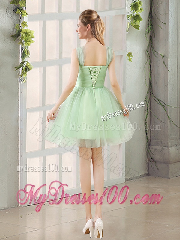 Ruching Organza A Line Straps Bridesmaid Dress with Lace Up