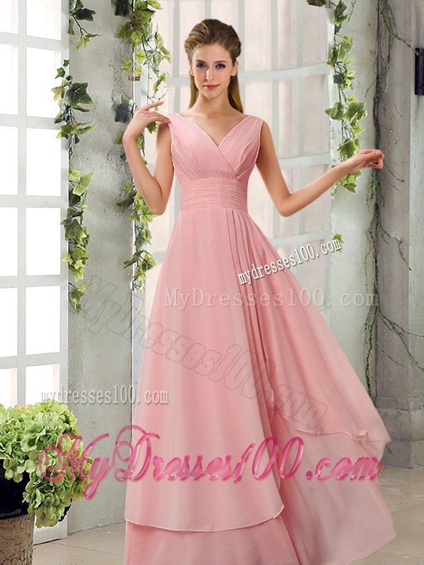 Ruching V Neck Chiffon Bridesmaid Dresses in Champagne