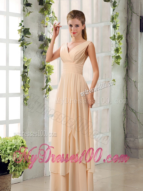 Ruching V Neck Chiffon Bridesmaid Dresses in Champagne