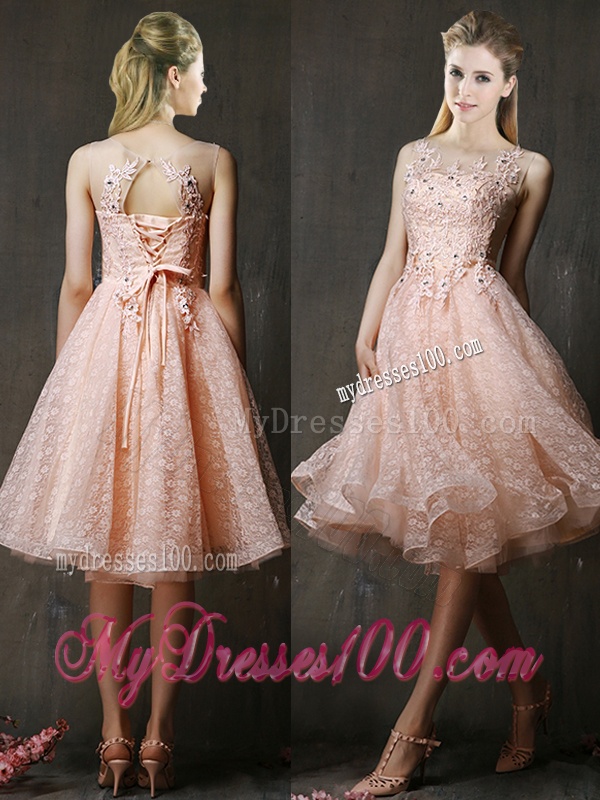 See Through Beaded and Applique Peach Bridesmaid Dress with Polka Dot