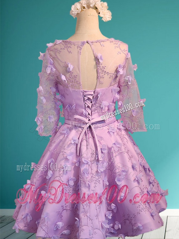 See Through Scoop Half Sleeves Bridesmaid Dress with Appliques and Belt