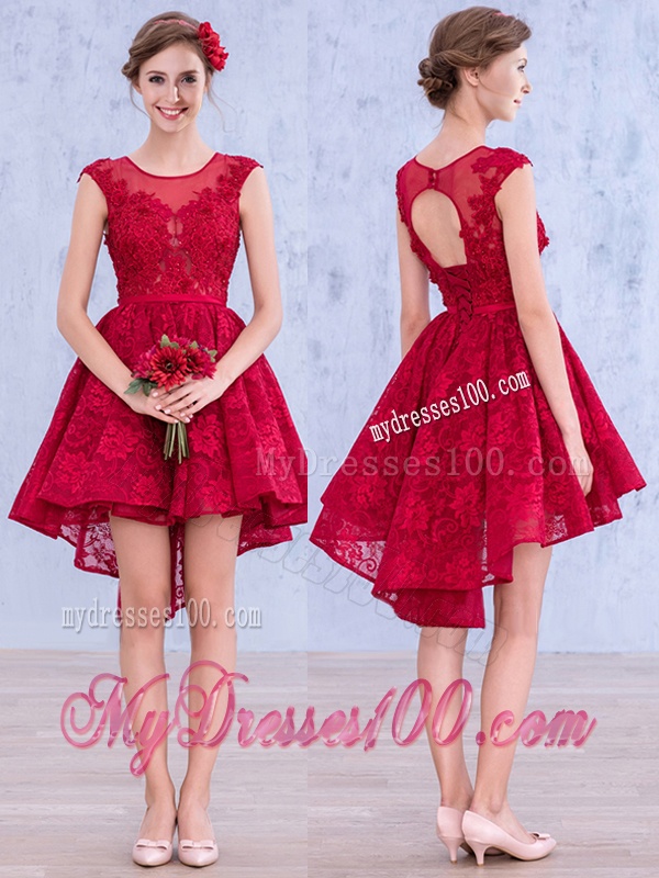 See Through Scoop High Low Wine Red Bridesmaid Dress with Lace
