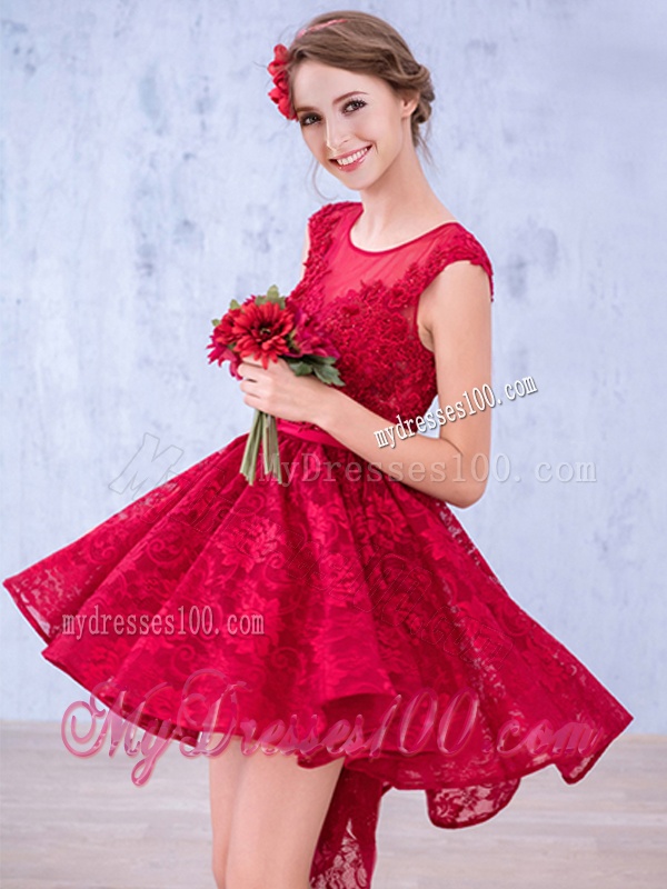 See Through Scoop High Low Wine Red Bridesmaid Dress with Lace