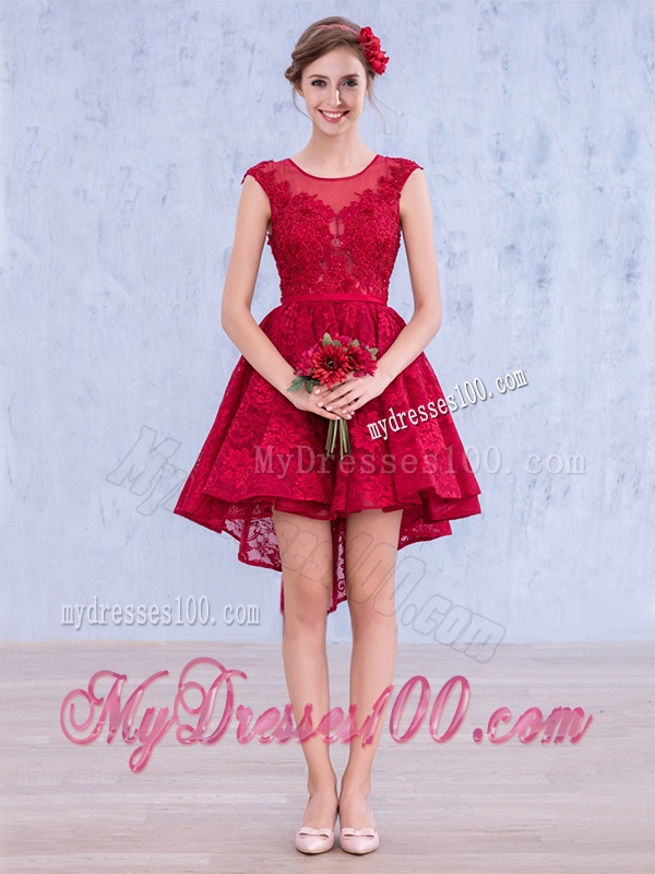 See Through Scoop High Low Wine Red Bridesmaid Dress with Lace