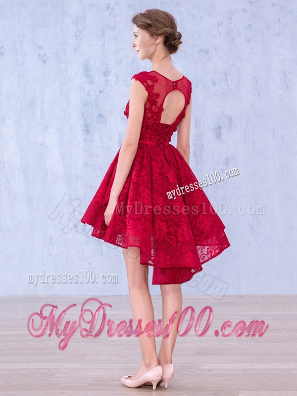 See Through Scoop High Low Wine Red Bridesmaid Dress with Lace