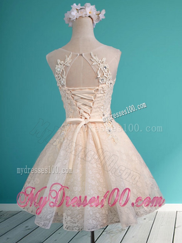 See Through Scoop Short Bridesmaid Dress with Beading and Appliques