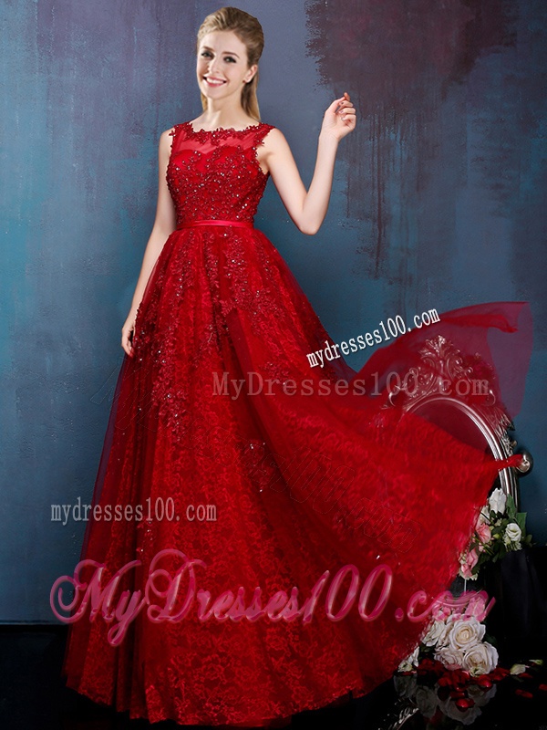 See Through Scoop Wine Red Bridesmaid Dress with Beading and Appliques