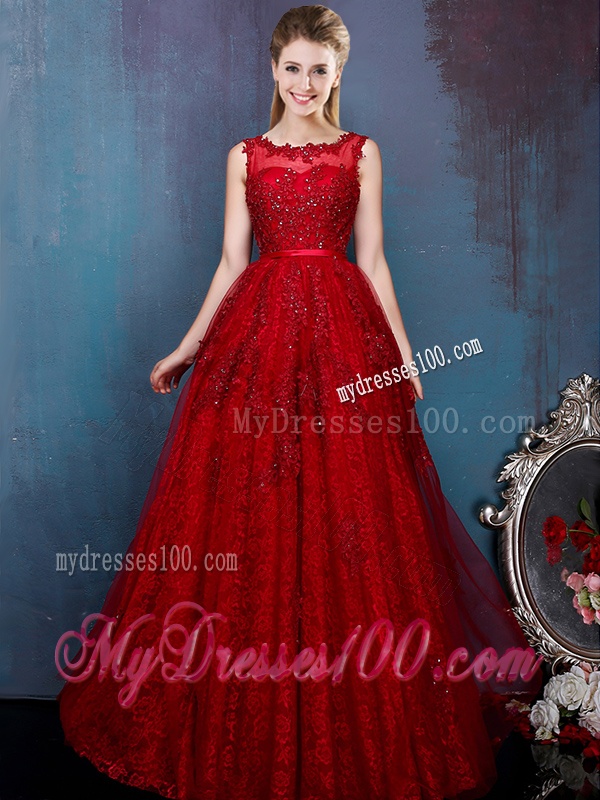 See Through Scoop Wine Red Bridesmaid Dress with Beading and Appliques