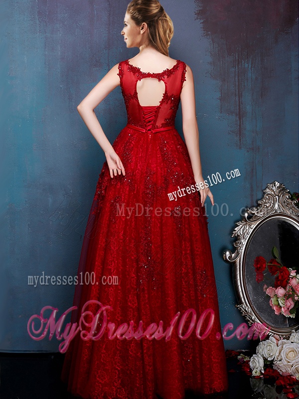See Through Scoop Wine Red Bridesmaid Dress with Beading and Appliques